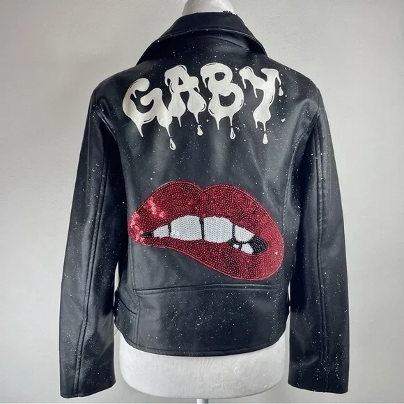 BROWNY STANDARD Women’s Leather Jacket/White Paint Splatter/Graffiti/Sequin S - Picture 2 of 6